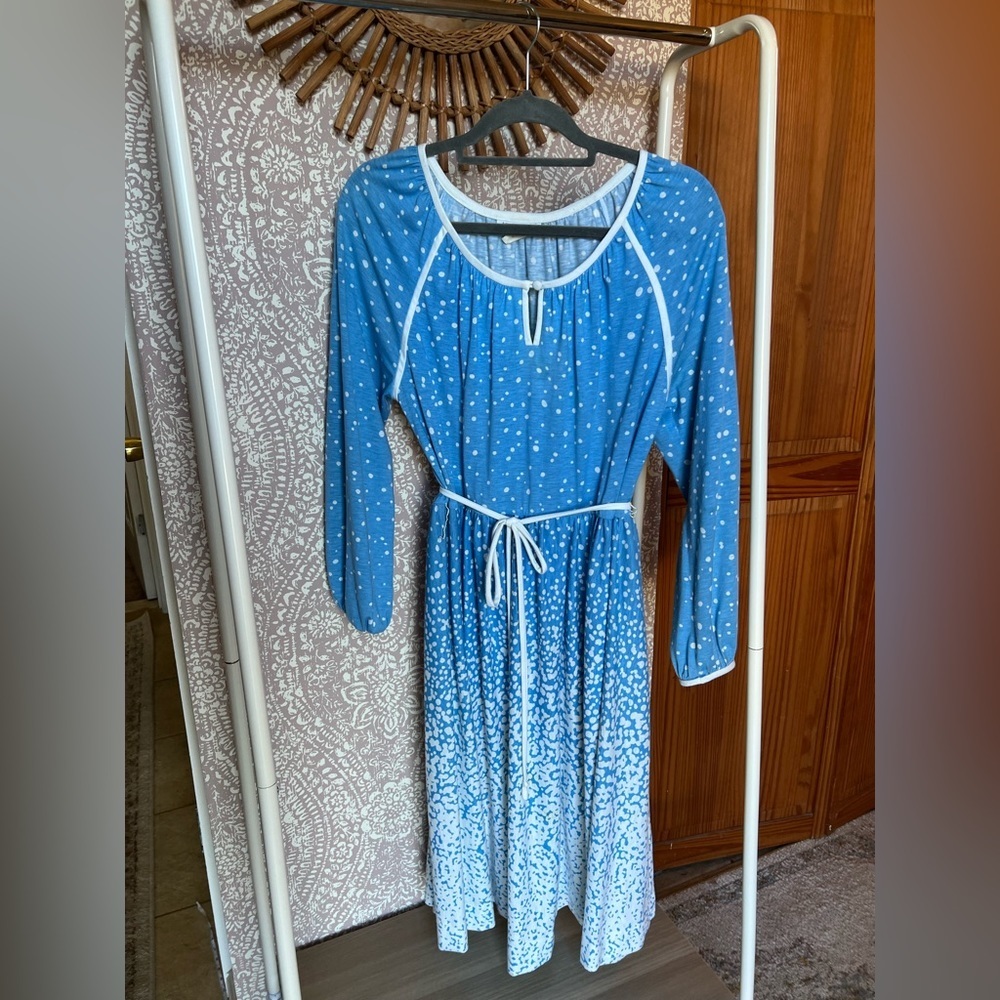 Vintage 1970s Matti of Lynne‎ Long Sleeve Blue and White Dotted Tie Waist Dress